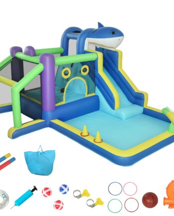 Oppustelig Hoppeborg Med Hajdesign Blæser Rutsjebane Børnebassin Trampolin Til Alderen 405x345x235cm Flerfarvet